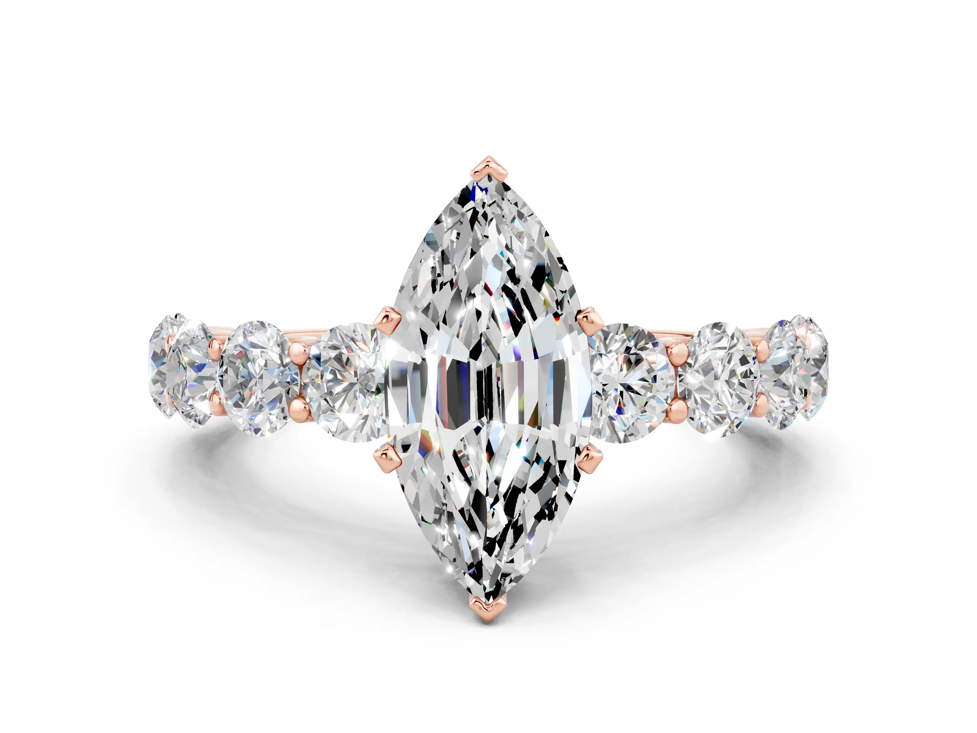 Rose gold Marquise Cut Moissanite Prong Setting with Side Stones on a Pave Band