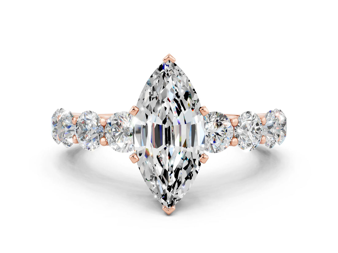 Rose gold Marquise Cut Moissanite Prong Setting with Side Stones on a Pave Band