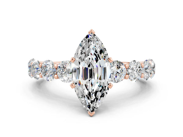 Rose gold Marquise Cut Moissanite Prong Setting with Side Stones on a Pave Band