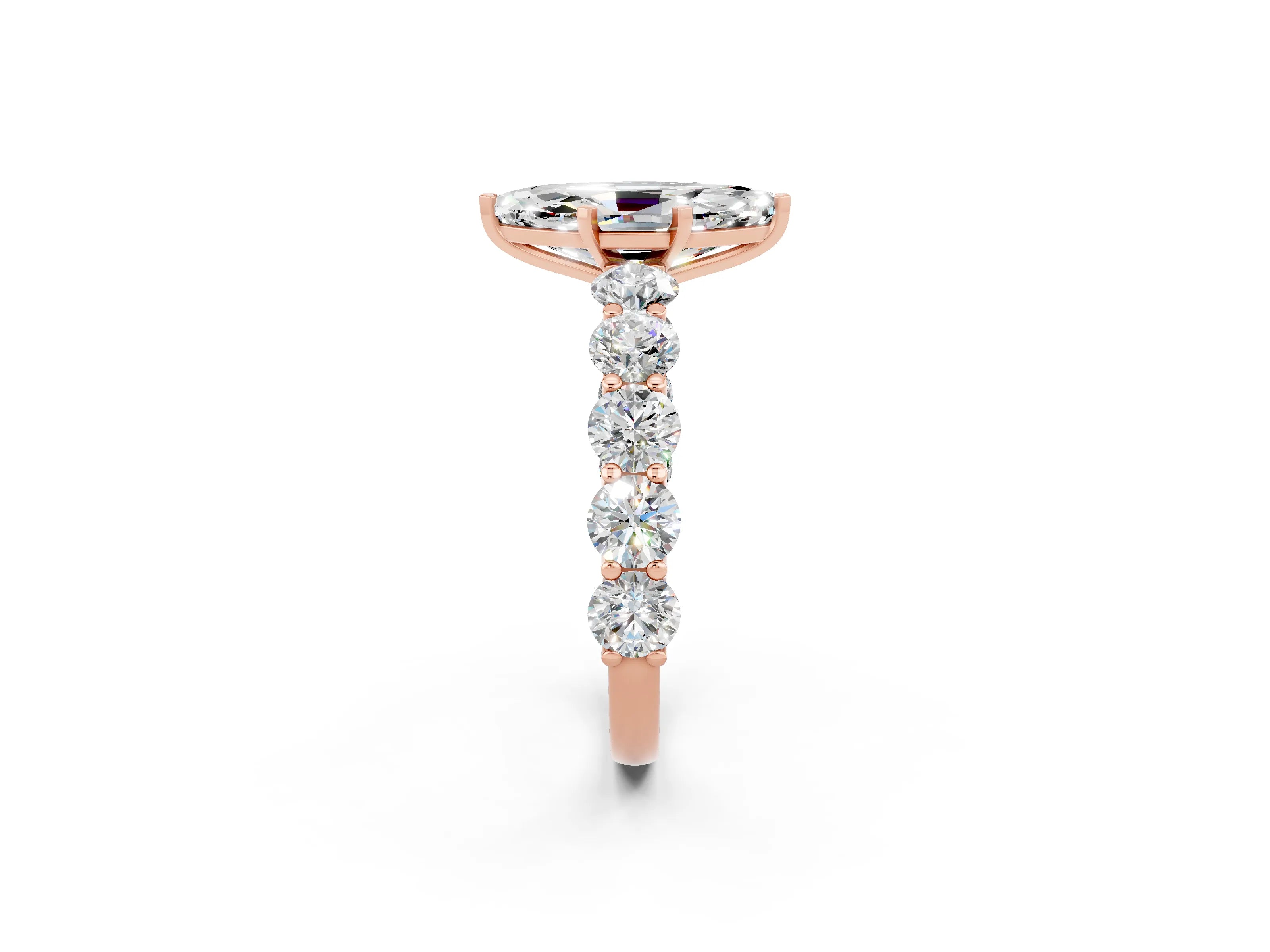 Rose gold Marquise Cut Moissanite Prong Setting with Side Stones on a Pave Band_2