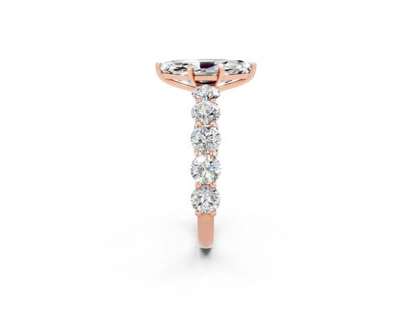 Rose gold Marquise Cut Moissanite Prong Setting with Side Stones on a Pave Band