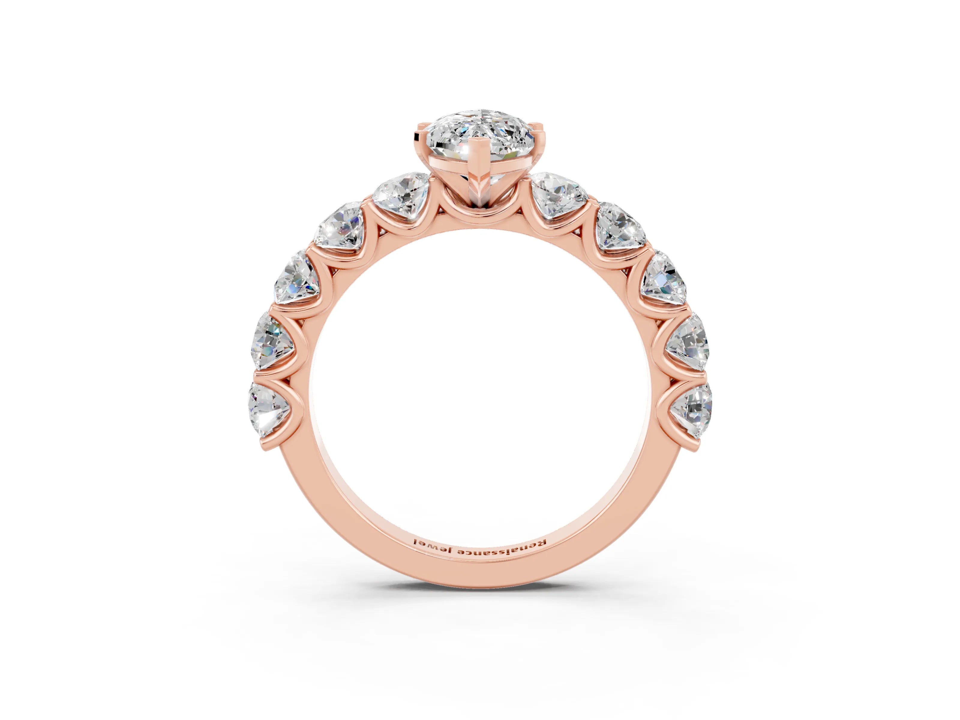 Rose gold Marquise Cut Moissanite Prong Setting with Side Stones on a Pave Band_3