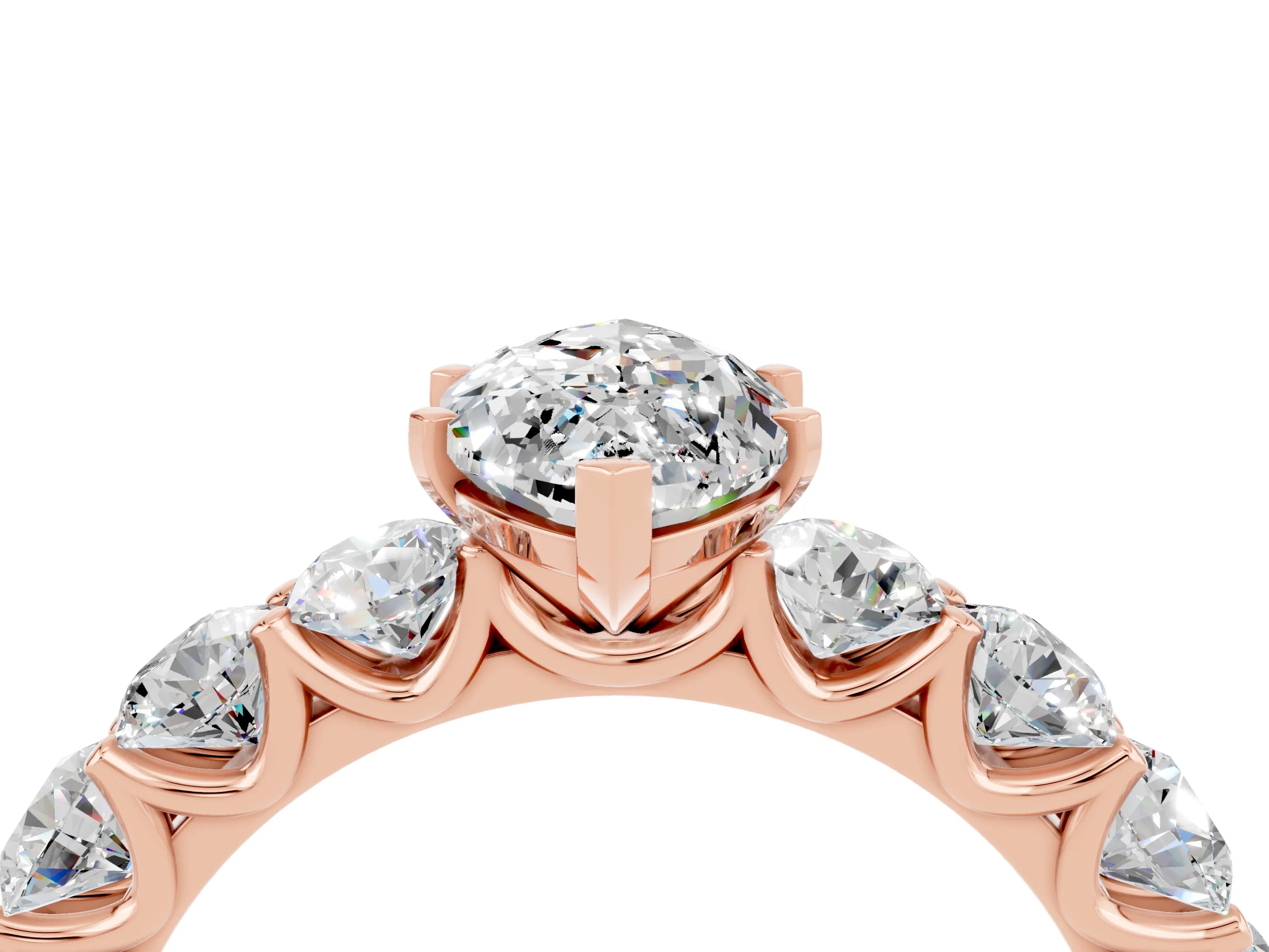 Rose gold Marquise Cut Moissanite Prong Setting with Side Stones on a Pave Band_4