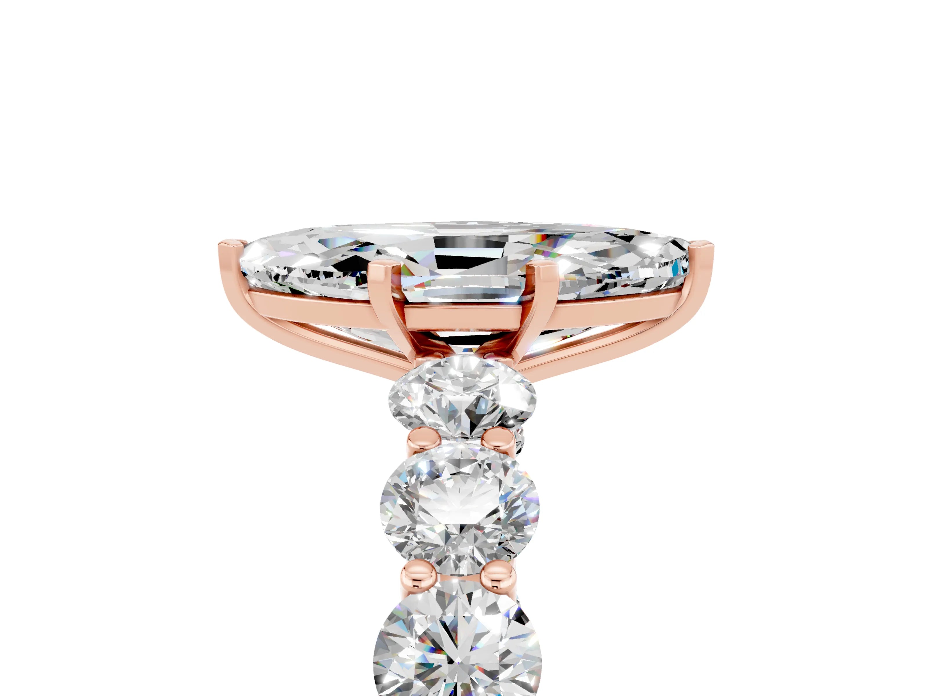Rose gold Marquise Cut Moissanite Prong Setting with Side Stones on a Pave Band_5