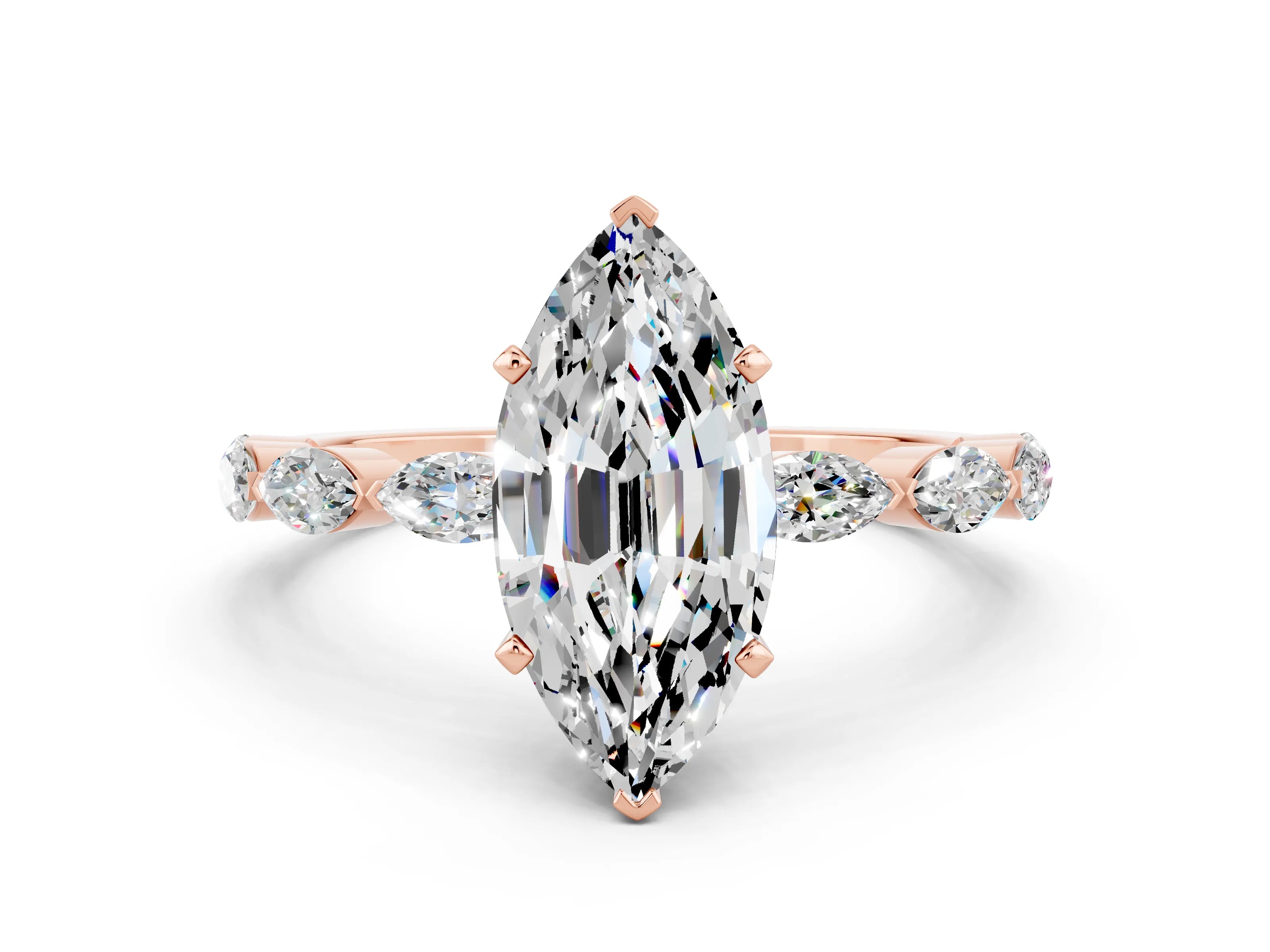 Rose gold Marquise Cut Moissanite Ring with Marquise Side Stones and Prong Setting