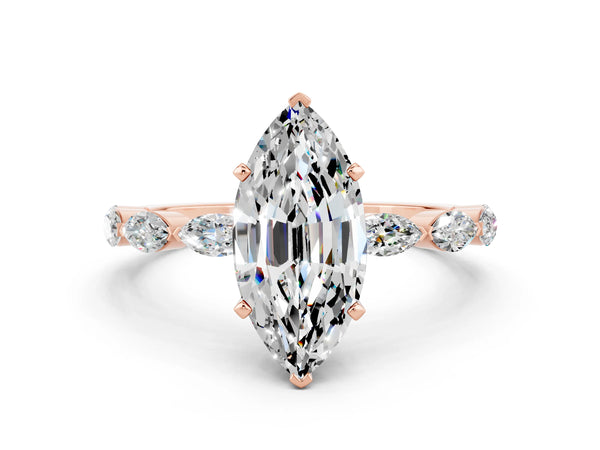 Rose gold Marquise Cut Moissanite Ring with Marquise Side Stones and Prong Setting