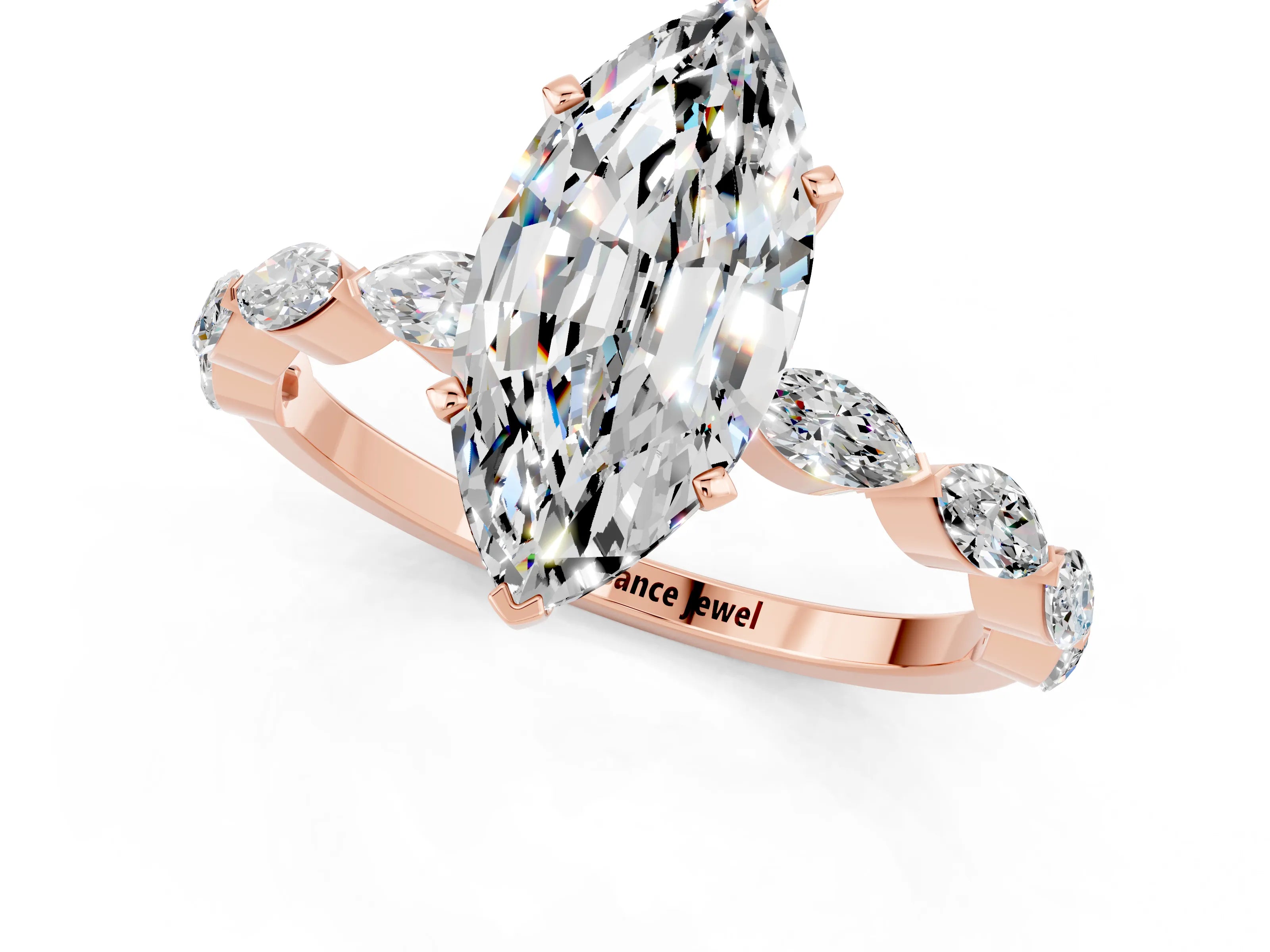 Rose gold Marquise Cut Moissanite Ring with Marquise Side Stones and Prong Setting_1