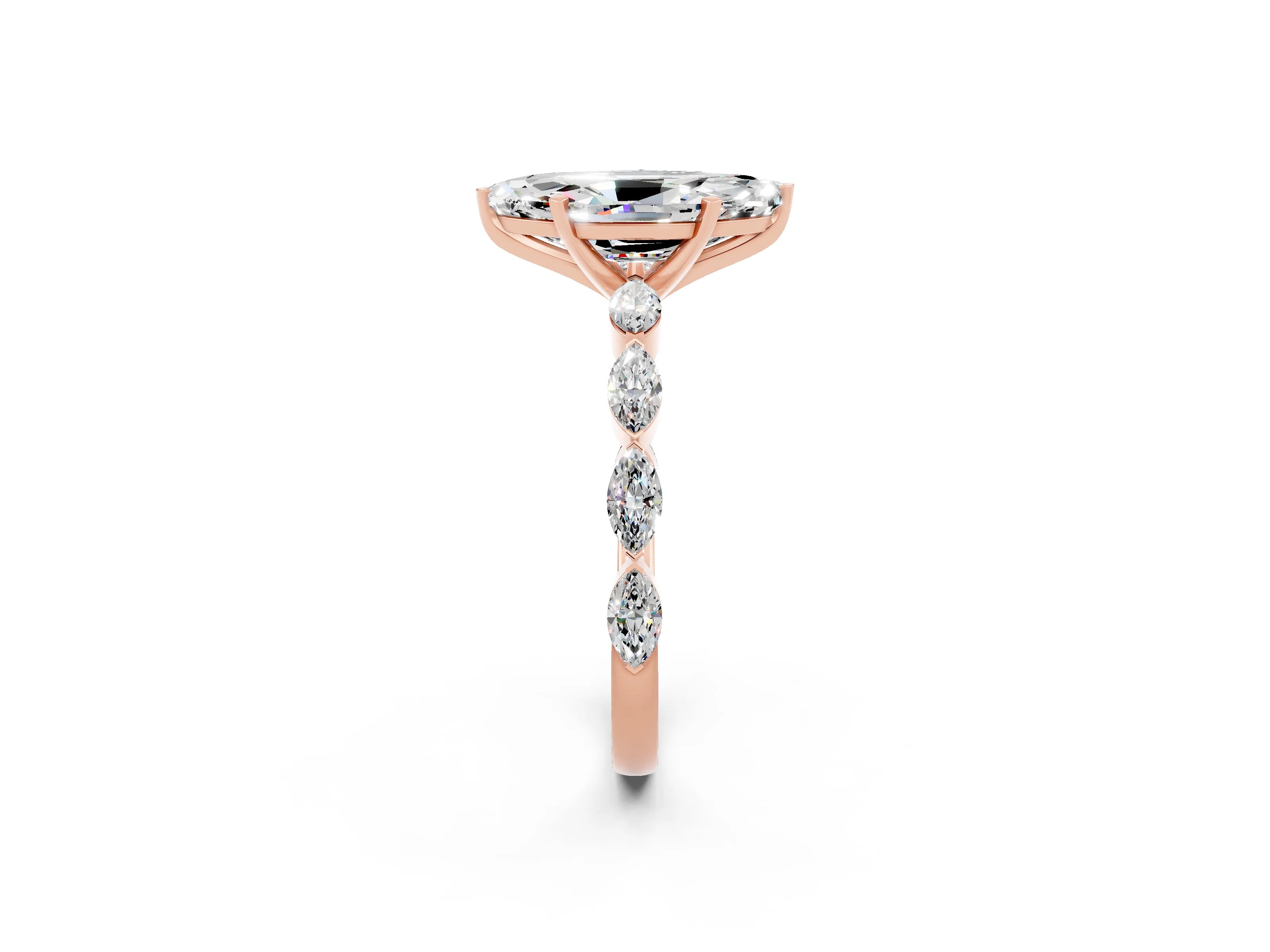 Rose gold Marquise Cut Moissanite Ring with Marquise Side Stones and Prong Setting_2
