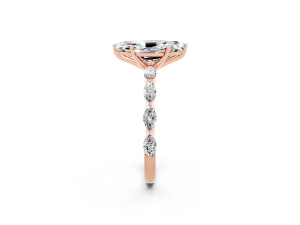 Rose gold Marquise Cut Moissanite Ring with Marquise Side Stones and Prong Setting