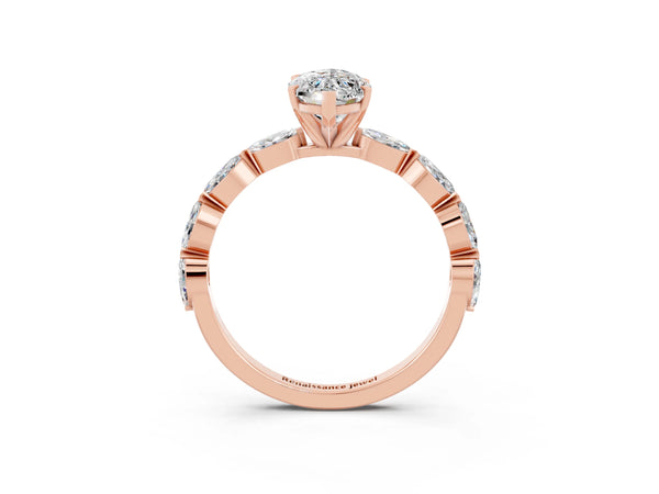 Rose gold Marquise Cut Moissanite Ring with Marquise Side Stones and Prong Setting