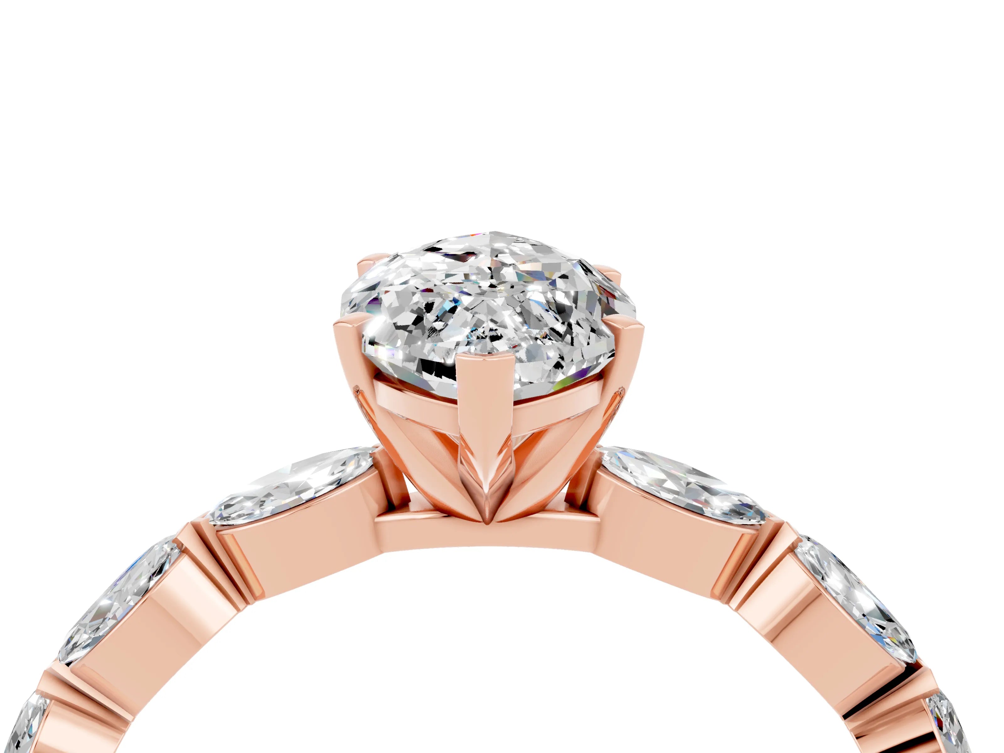 Rose gold Marquise Cut Moissanite Ring with Marquise Side Stones and Prong Setting_4