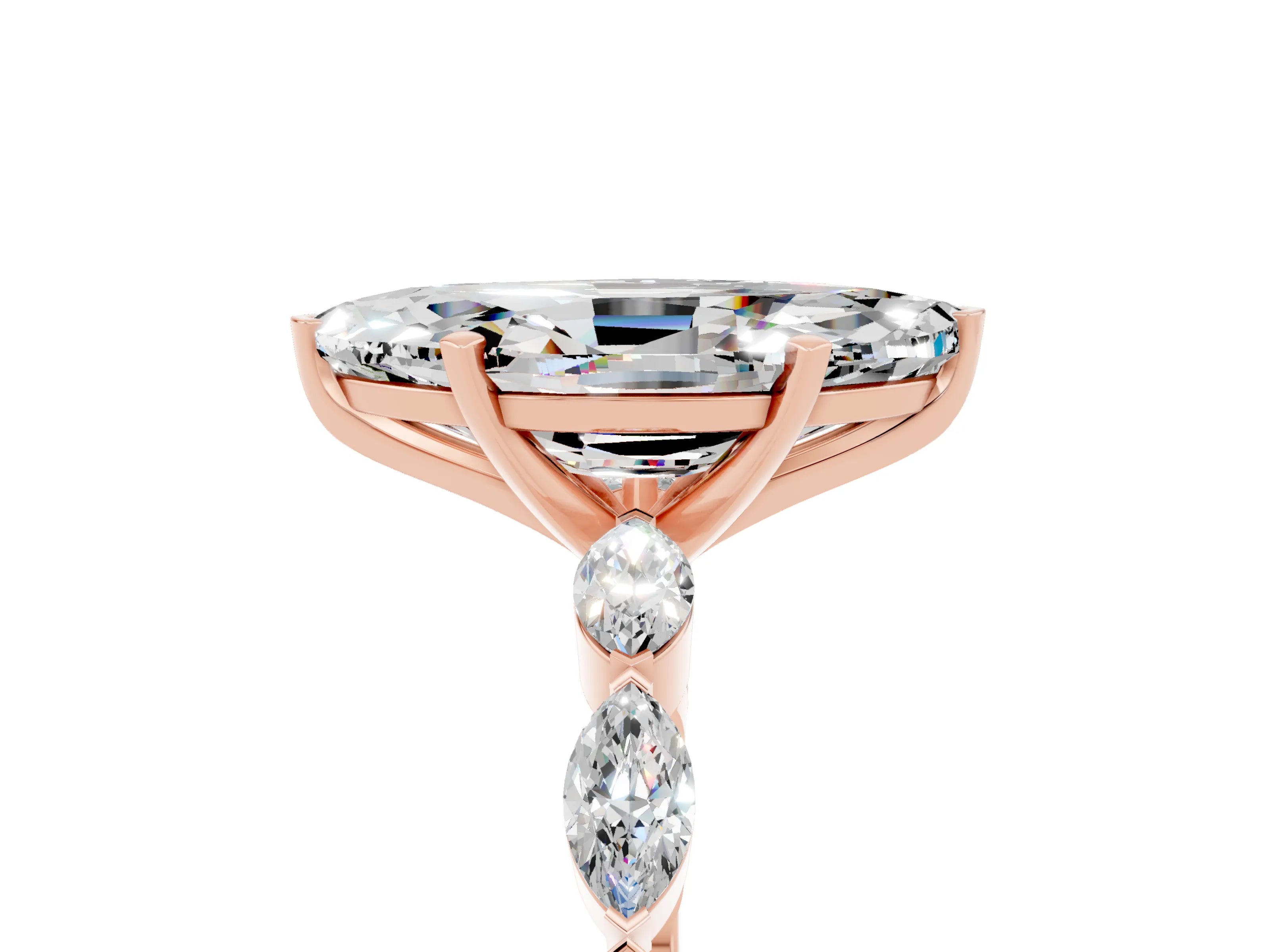 Rose gold Marquise Cut Moissanite Ring with Marquise Side Stones and Prong Setting_5