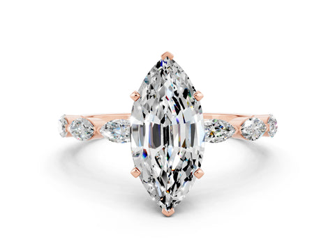 Rose gold Marquise Cut Moissanite Ring with Marquise Side Stones and Prong Setting