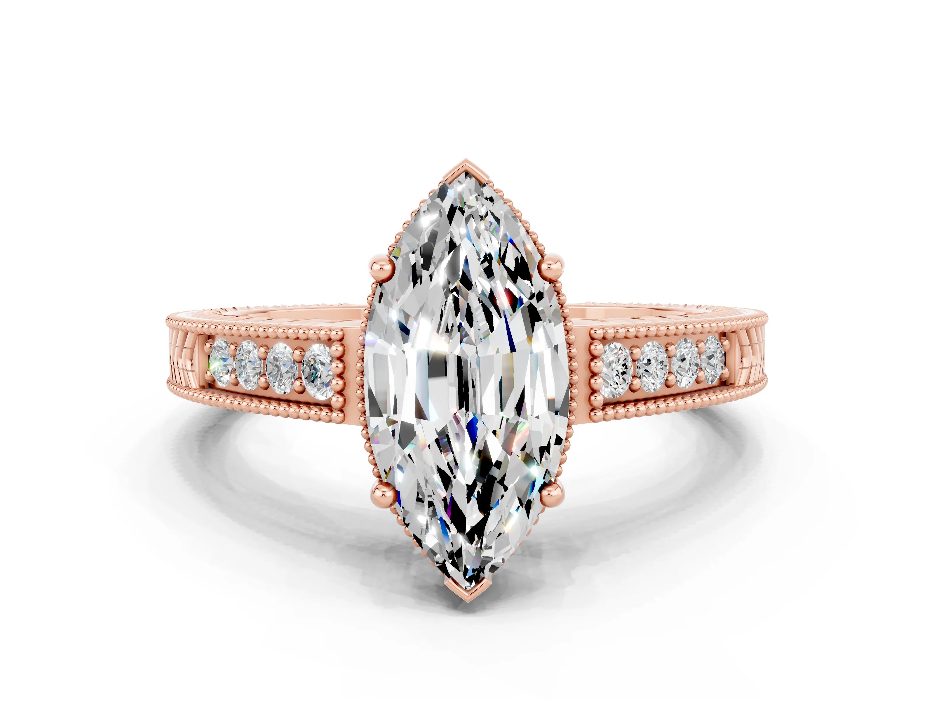 Rose gold Marquise Cut Moissanite Ring with Milgrain Pavé Band and Four-Prong Setting_12