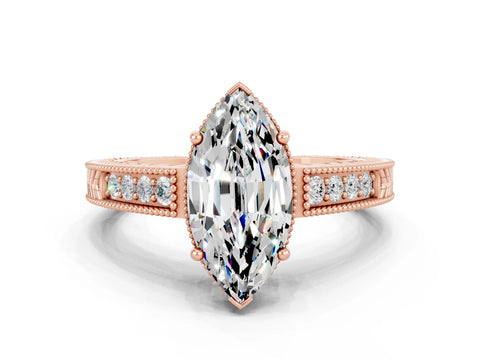 Rose gold Marquise Cut Moissanite Ring with Milgrain Pavé Band and Four-Prong Setting_12