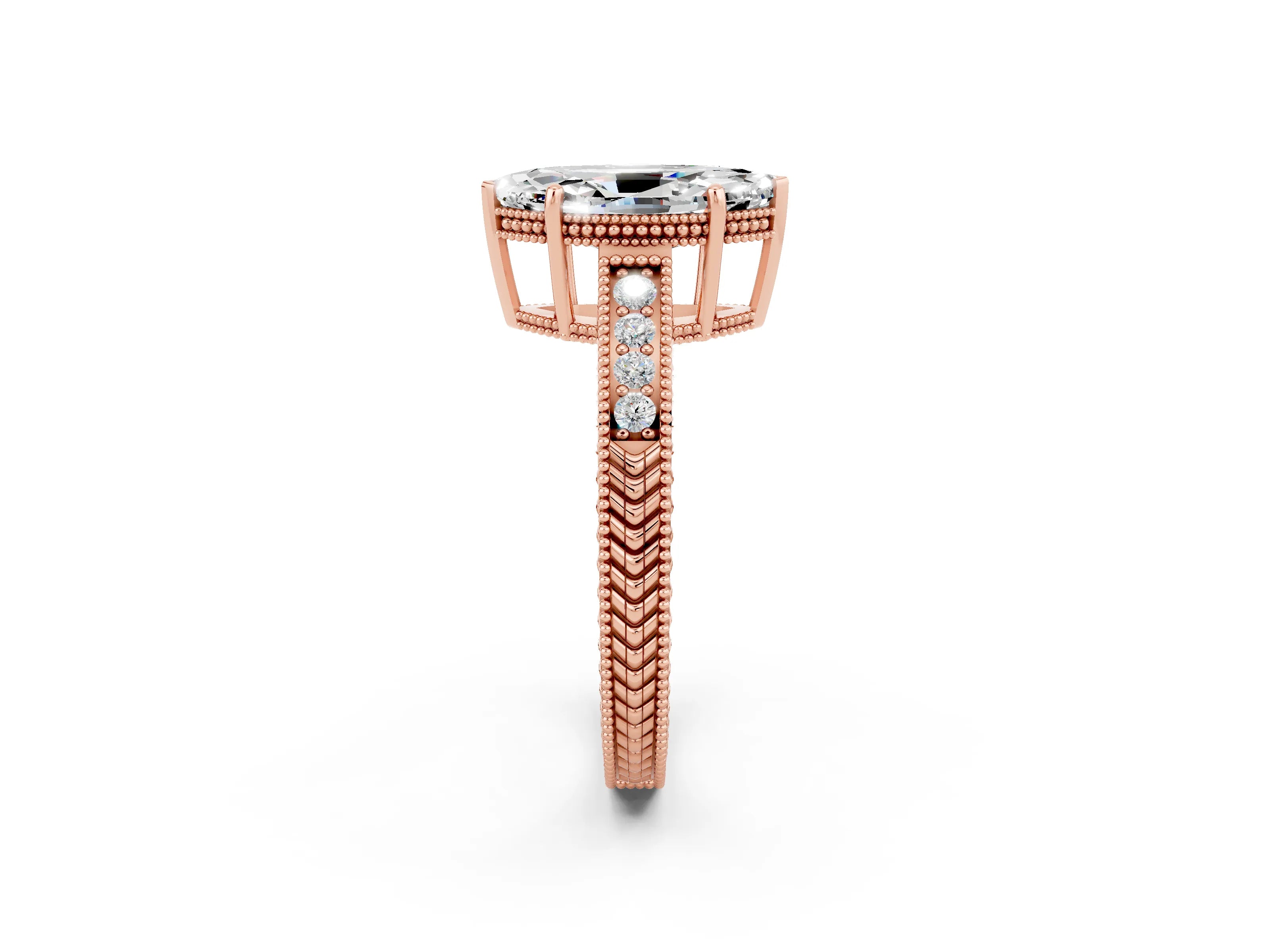 Rose gold Marquise Cut Moissanite Ring with Milgrain Pavé Band and Four-Prong Setting_14