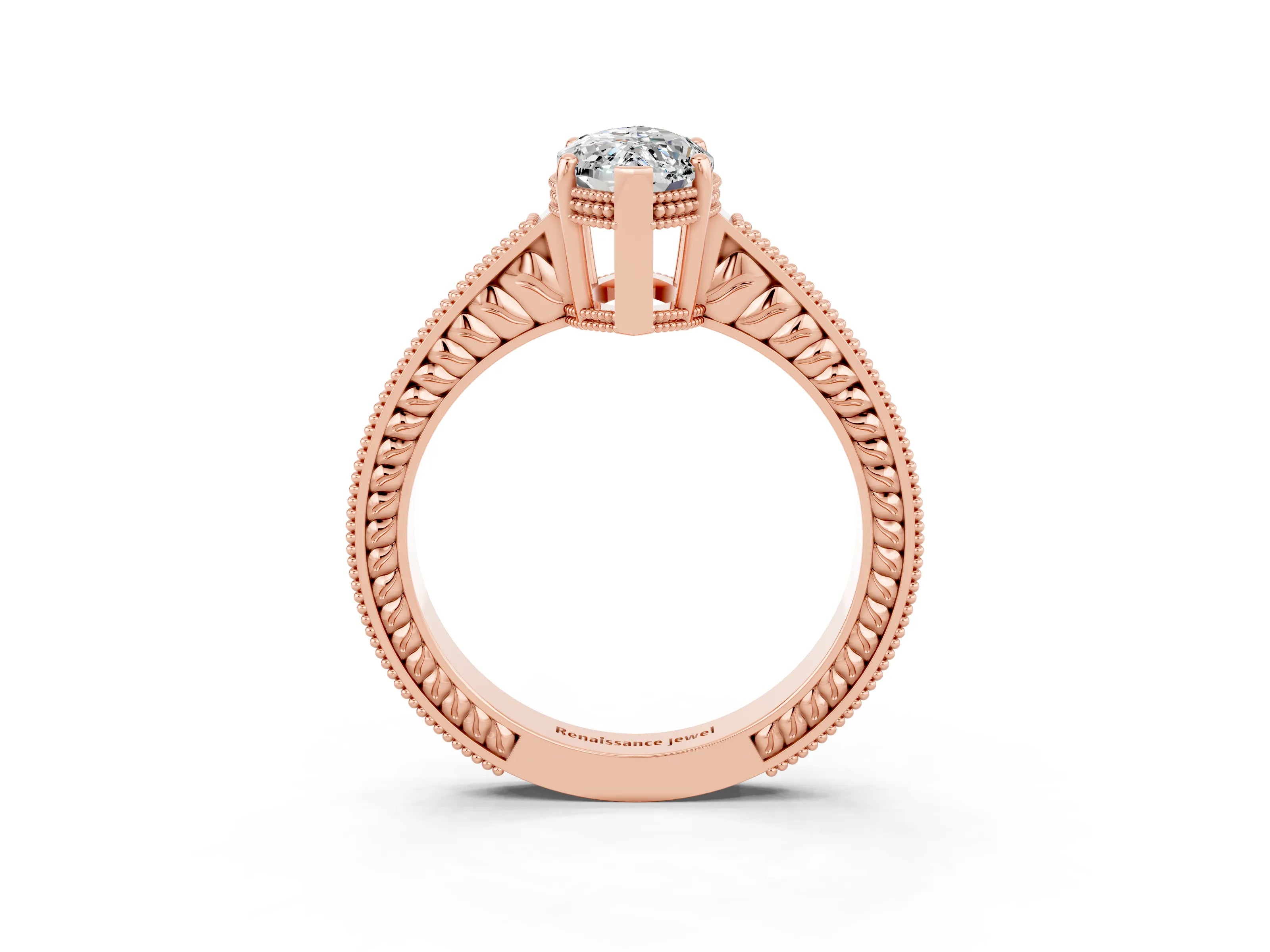 Rose gold Marquise Cut Moissanite Ring with Milgrain Pavé Band and Four-Prong Setting_15