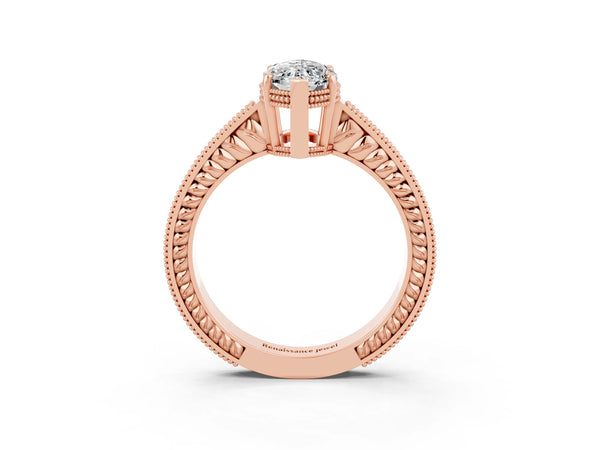 Rose gold Marquise Cut Moissanite Ring with Milgrain Pavé Band and Four-Prong Setting