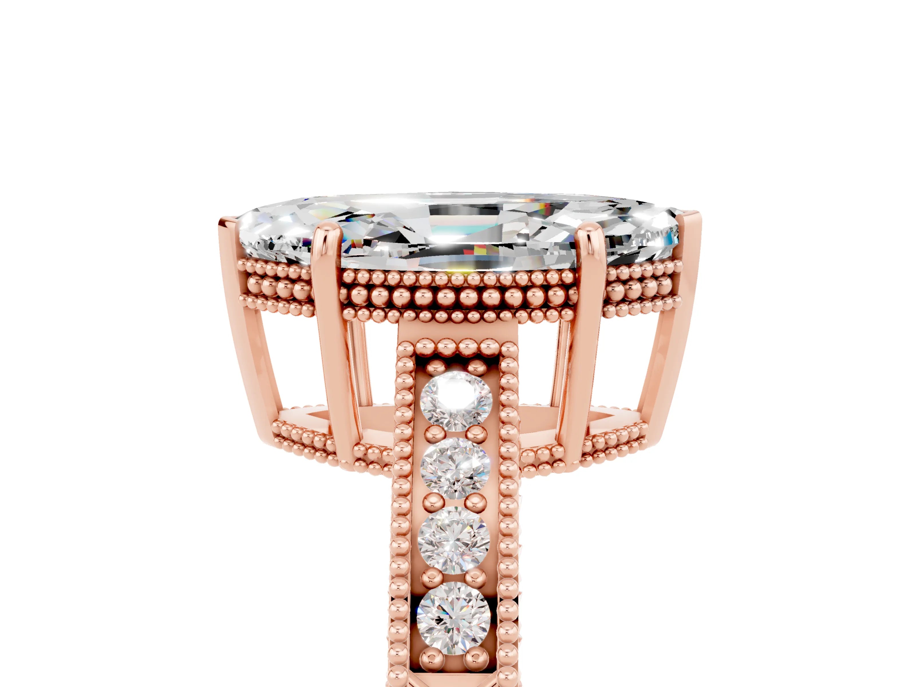 Rose gold Marquise Cut Moissanite Ring with Milgrain Pavé Band and Four-Prong Setting_17