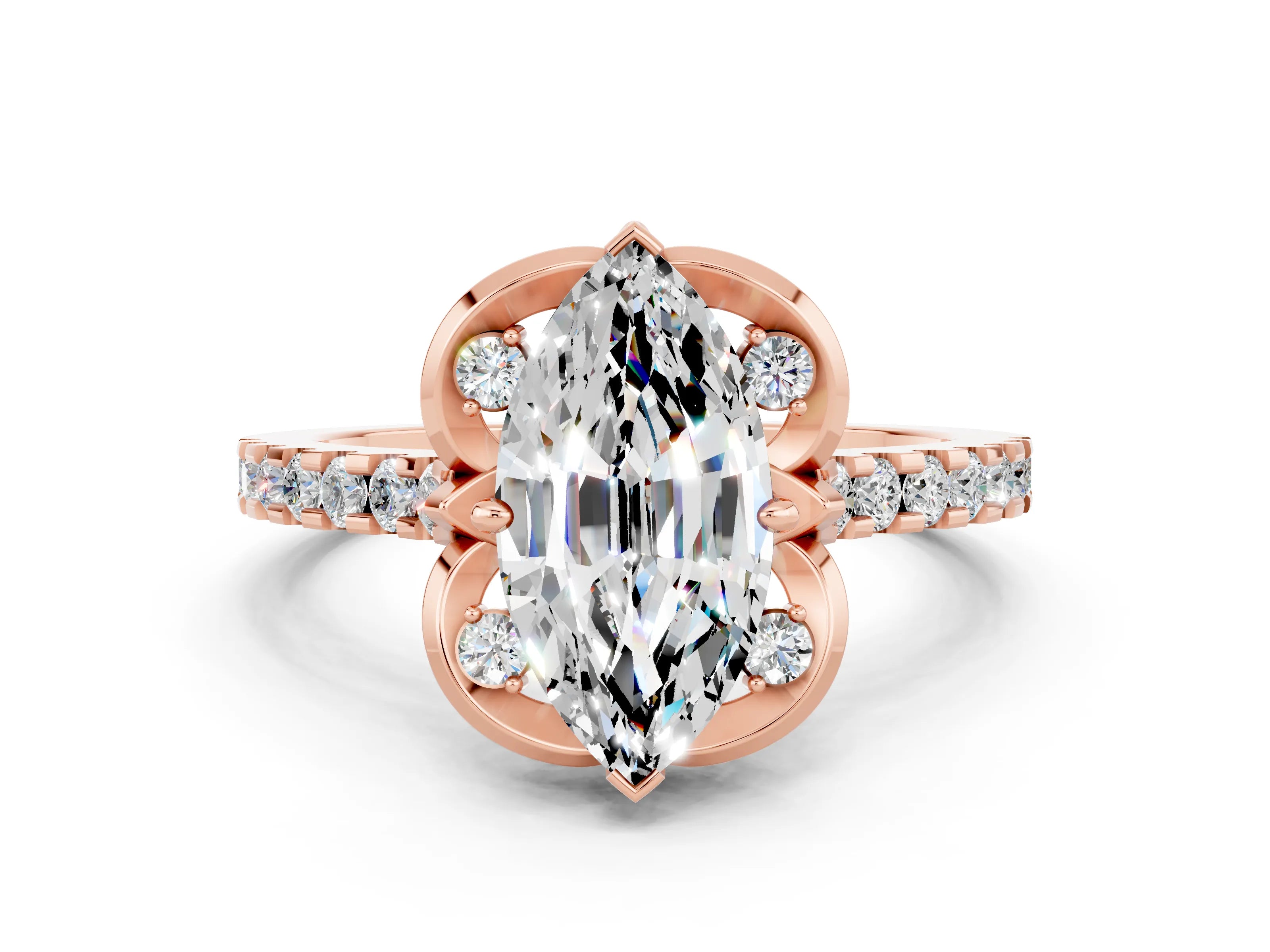 Rose gold Marquise Cut Moissanite Ring with Pavé Band and Floral Prong Setting