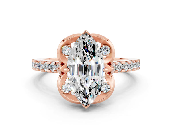 Rose gold Marquise Cut Moissanite Ring with Pavé Band and Floral Prong Setting