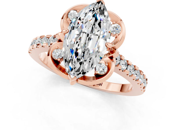 Rose gold Marquise Cut Moissanite Ring with Pavé Band and Floral Prong Setting