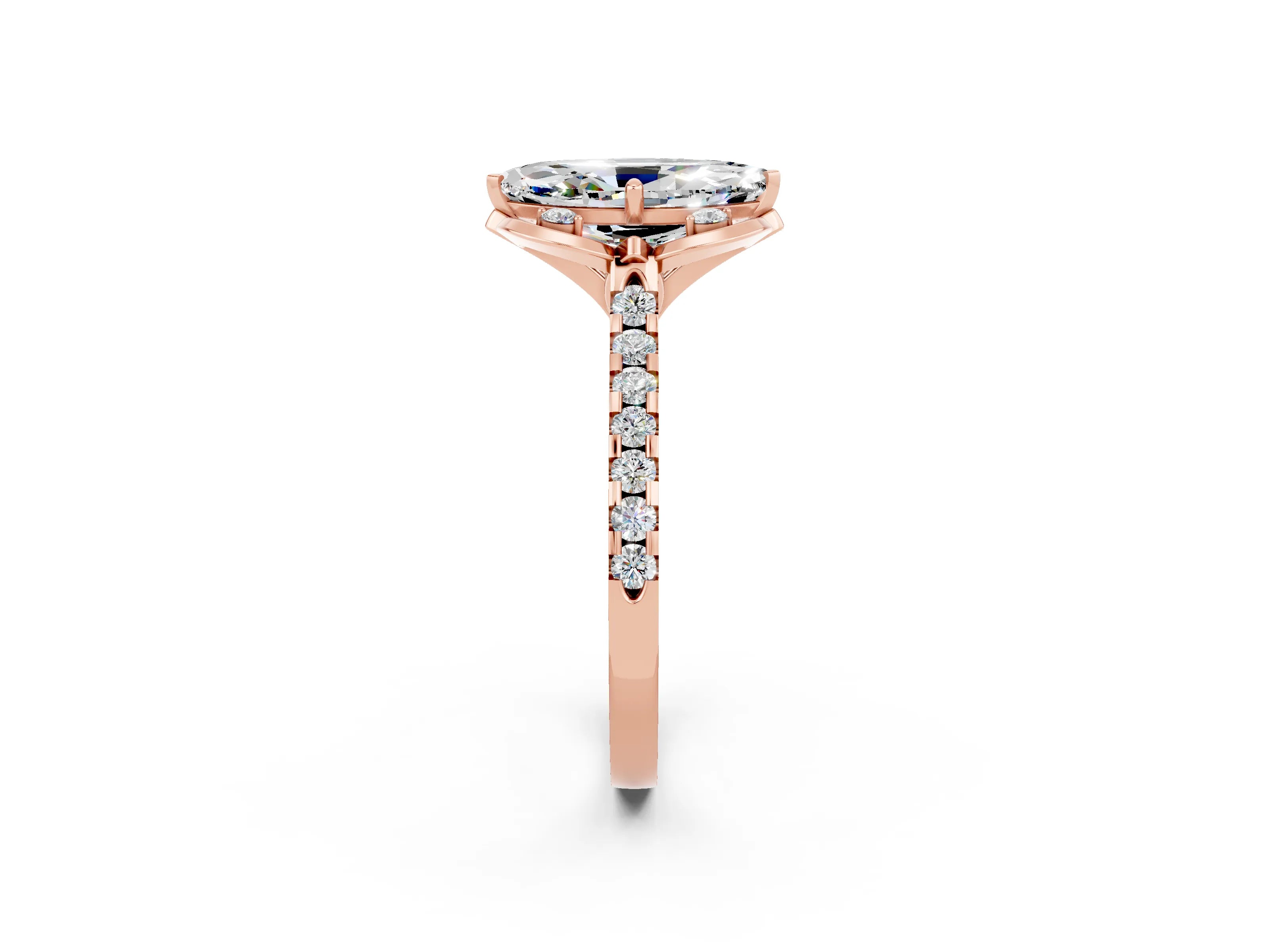 Rose gold Marquise Cut Moissanite Ring with Pavé Band and Floral Prong Setting_2
