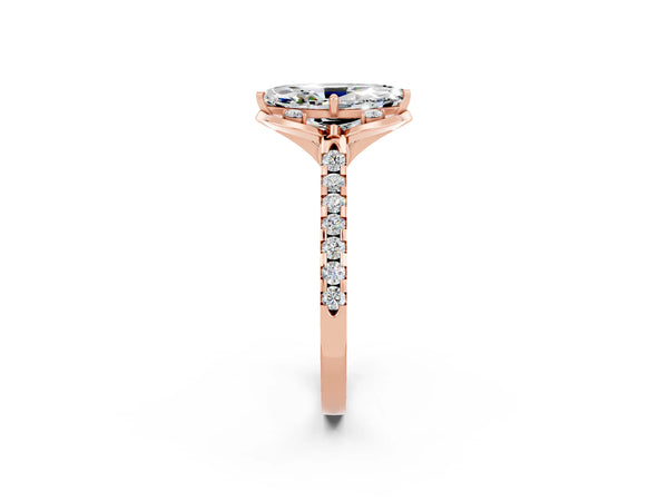 Rose gold Marquise Cut Moissanite Ring with Pavé Band and Floral Prong Setting