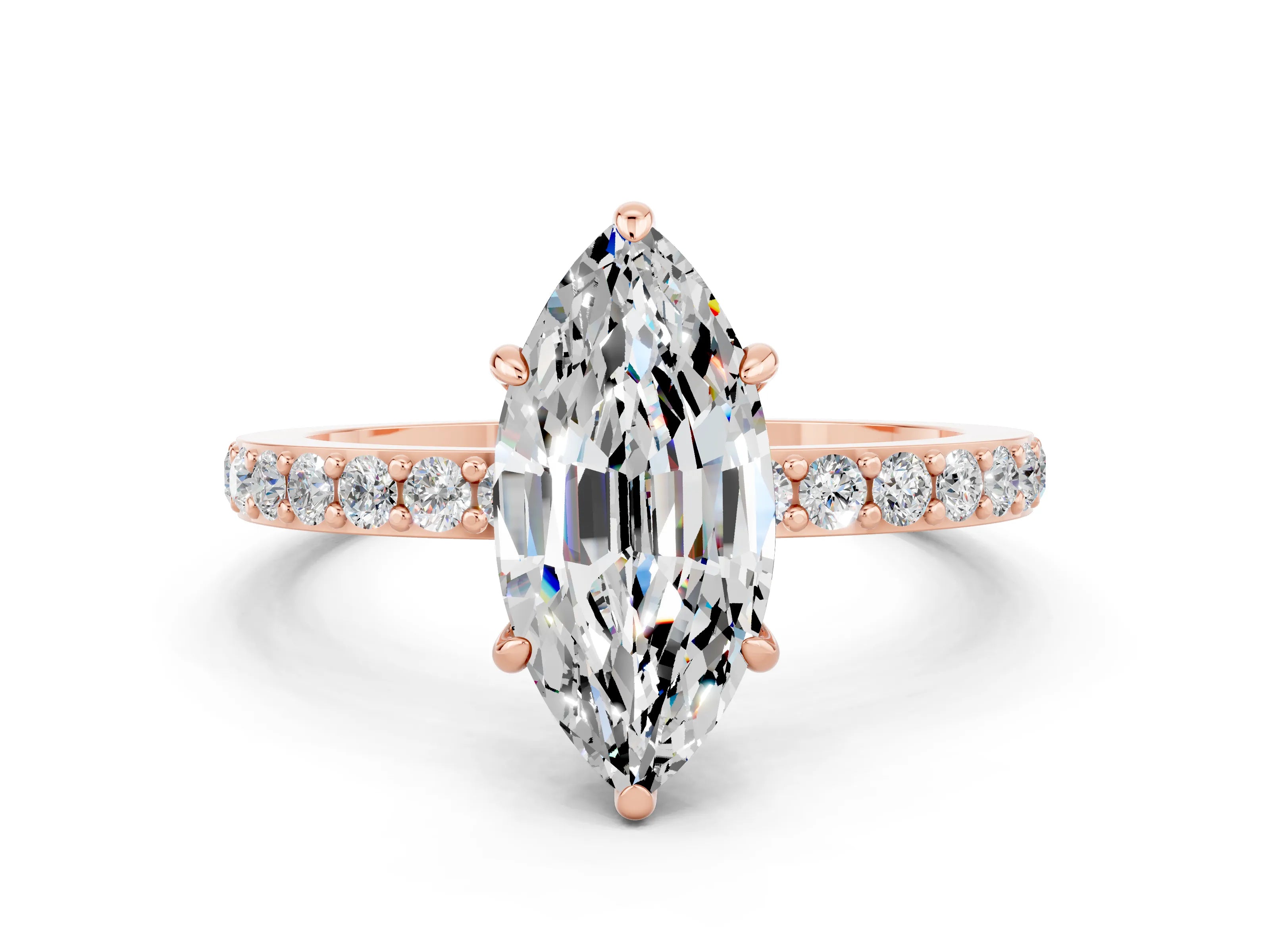 Rose gold Marquise Cut Moissanite Ring with Pavé Band and Four-Prong Setting