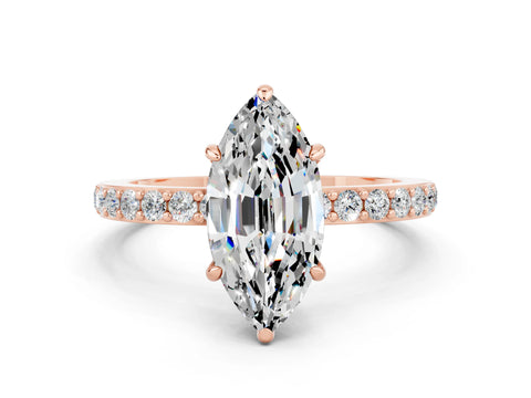 Rose gold Marquise Cut Moissanite Ring with Pavé Band and Four-Prong Setting