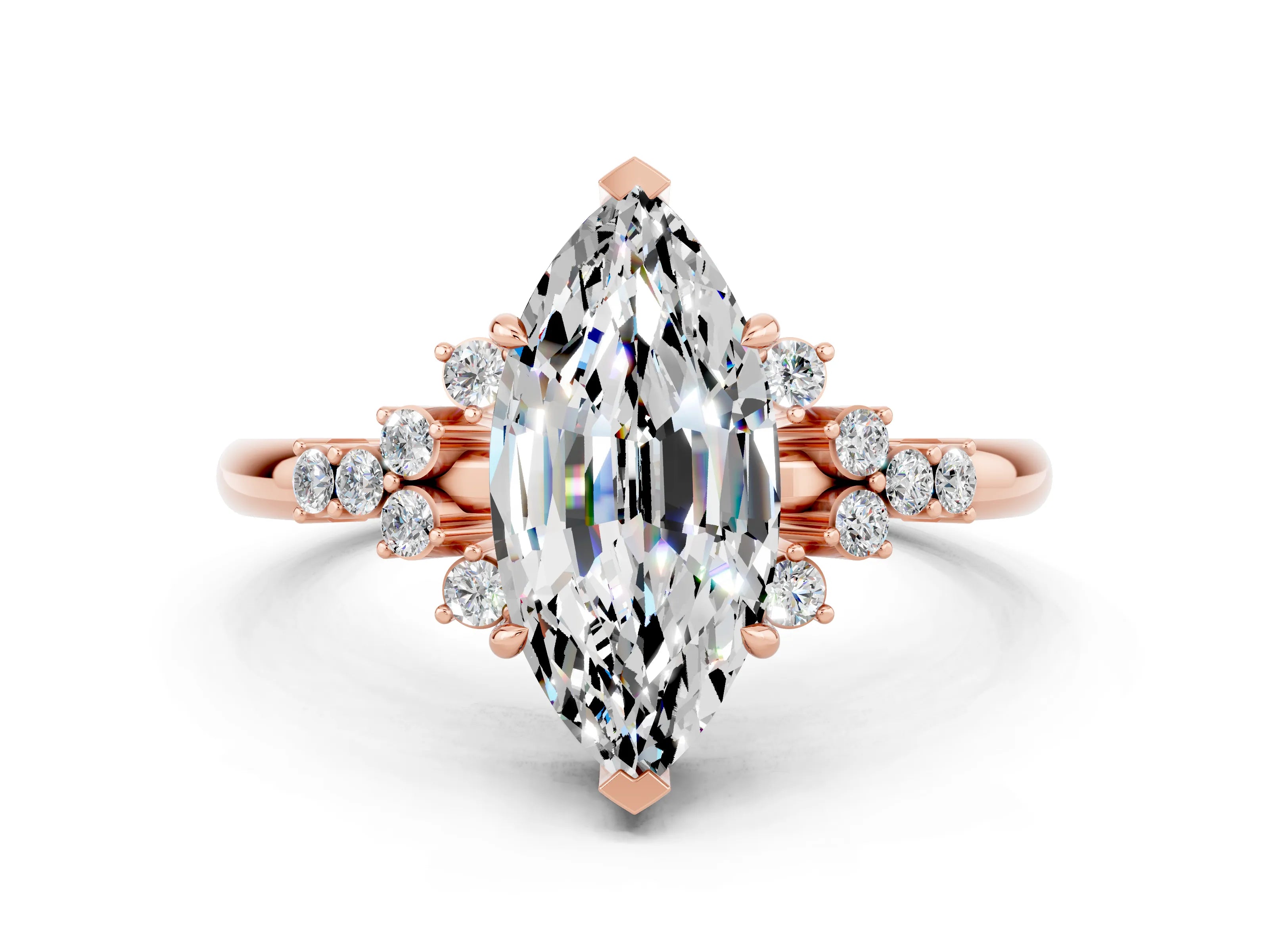 Rose gold Marquise Cut Moissanite Ring with Side Stones and Four-Prong Setting_36