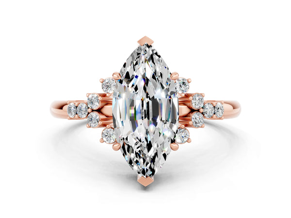 Rose gold Marquise Cut Moissanite Ring with Side Stones and Four-Prong Setting