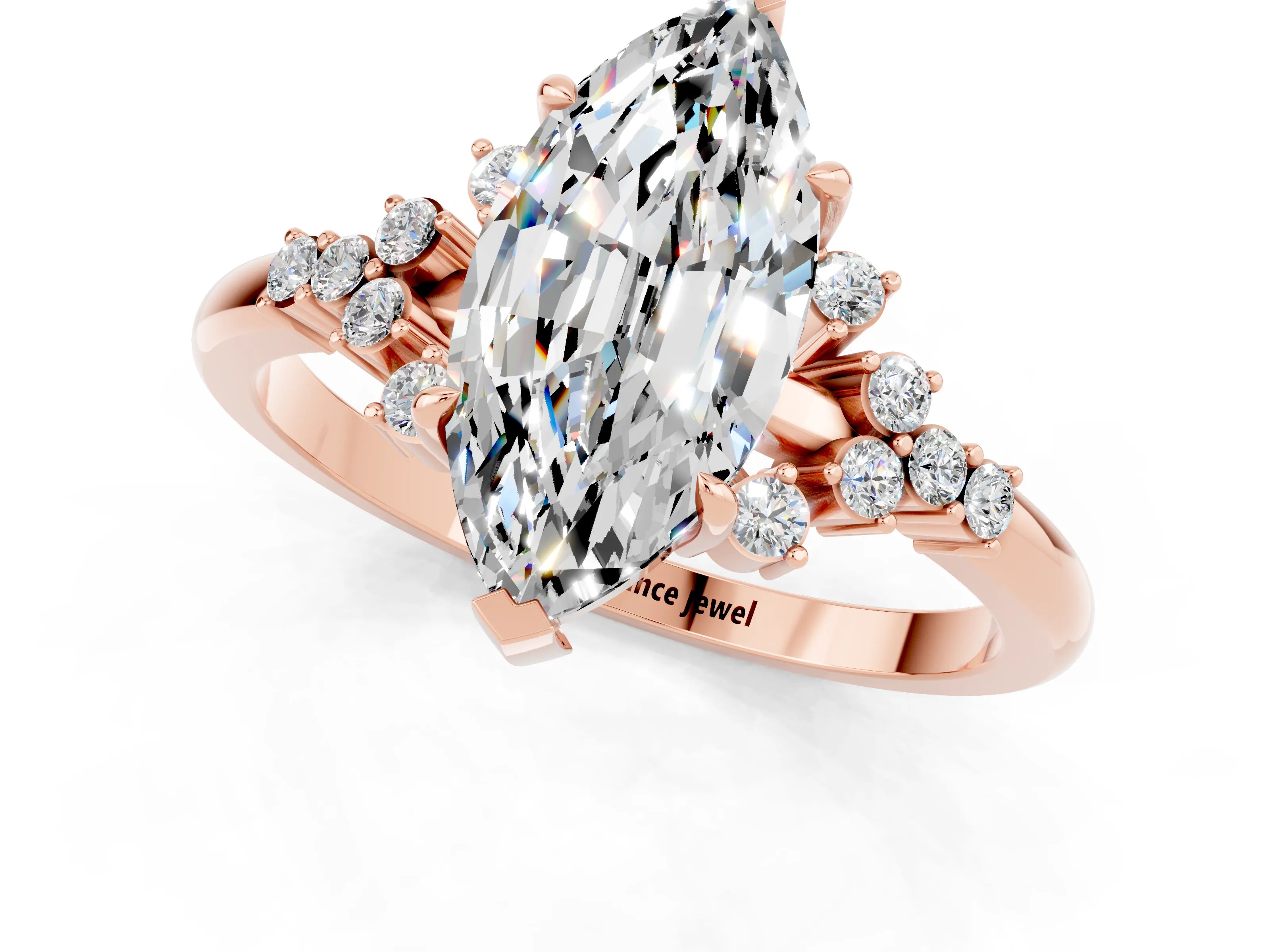 Rose gold Marquise Cut Moissanite Ring with Side Stones and Four-Prong Setting_37
