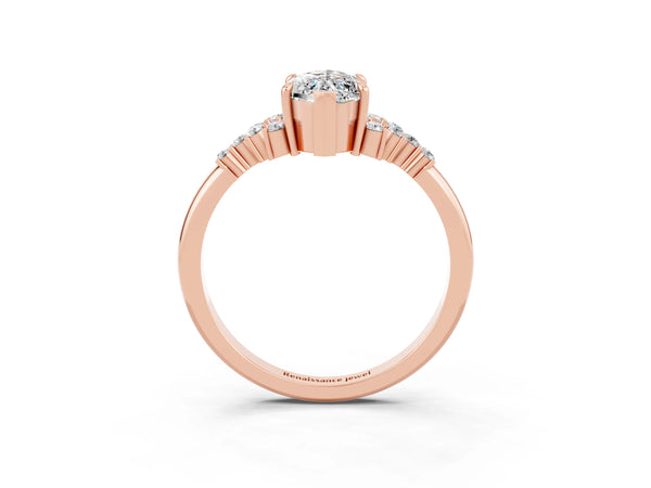 Rose gold Marquise Cut Moissanite Ring with Side Stones and Four-Prong Setting