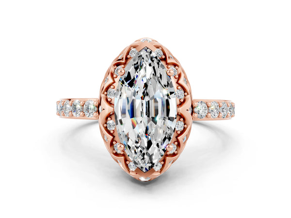 Rose gold Marquise Cut Moissanite Scalloped Halo Engagement Ring with Round Shared Prong Band