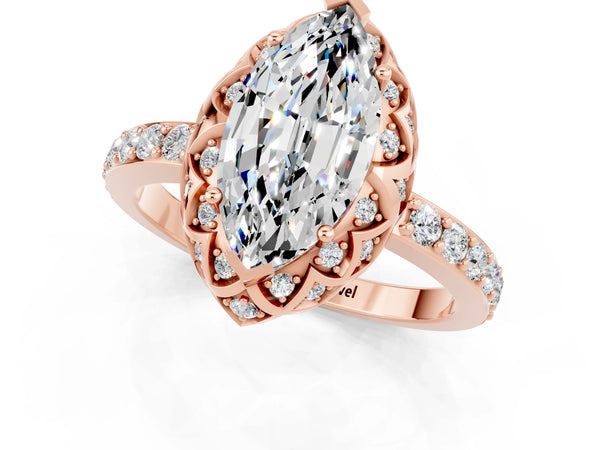 Rose gold Marquise Cut Moissanite Scalloped Halo Engagement Ring with Round Shared Prong Band