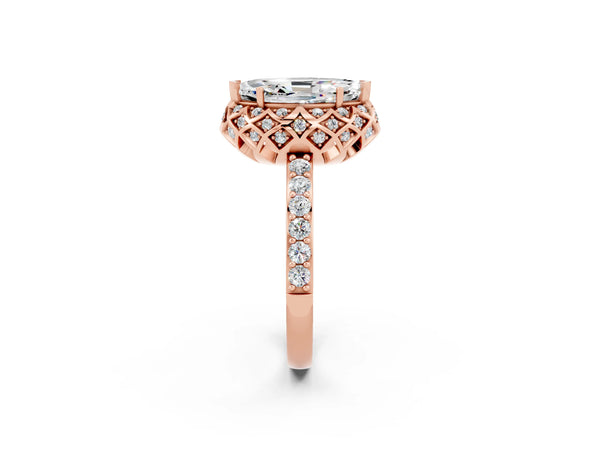 Rose gold Marquise Cut Moissanite Scalloped Halo Engagement Ring with Round Shared Prong Band
