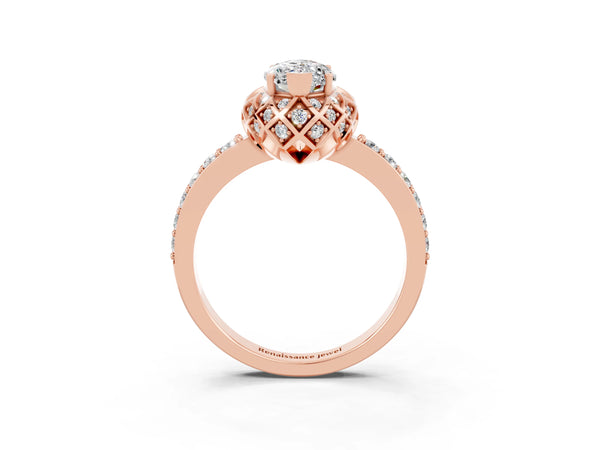 Rose gold Marquise Cut Moissanite Scalloped Halo Engagement Ring with Round Shared Prong Band