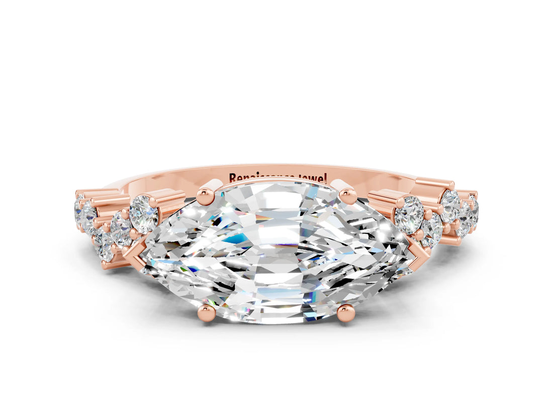 Rose gold Marquise Cut Moissanite Scattered Round Accent Ring with Prong Setting_12
