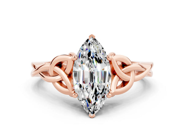 Rose gold Marquise Cut Moissanite Solitaire Celtic Knot Ring with Four-Prong Setting