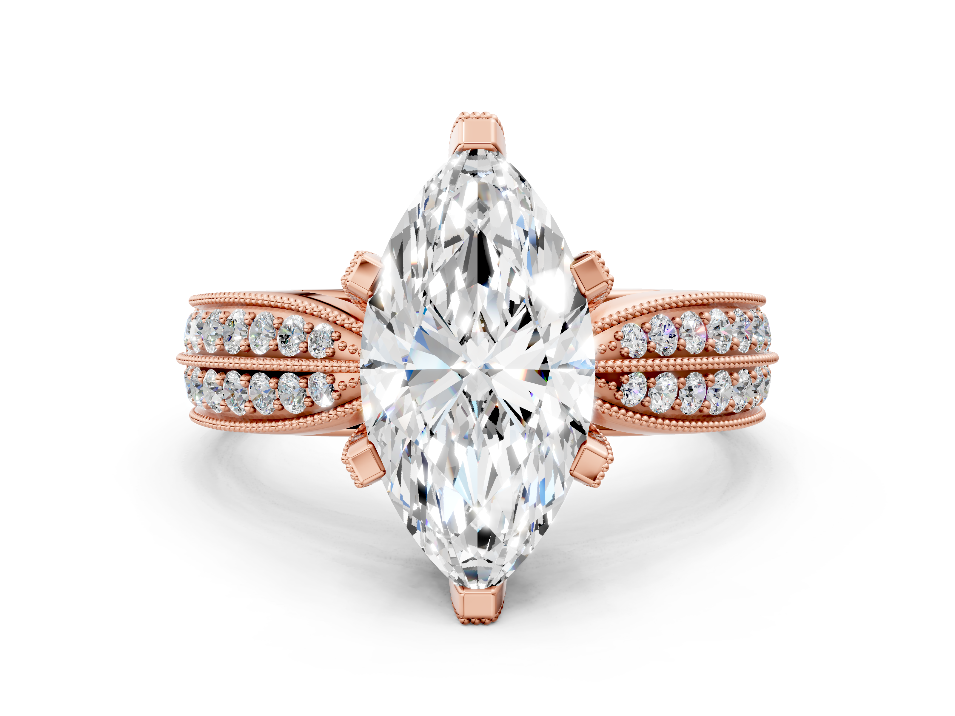 Rose gold Marquise Cut Moissanite   Solitaire Diamond Ring with Milgrain Pavé Band and Four-Prong Setting_34