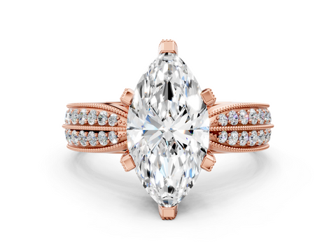 Rose gold Marquise Cut Moissanite   Solitaire Diamond Ring with Milgrain Pavé Band and Four-Prong Setting_34