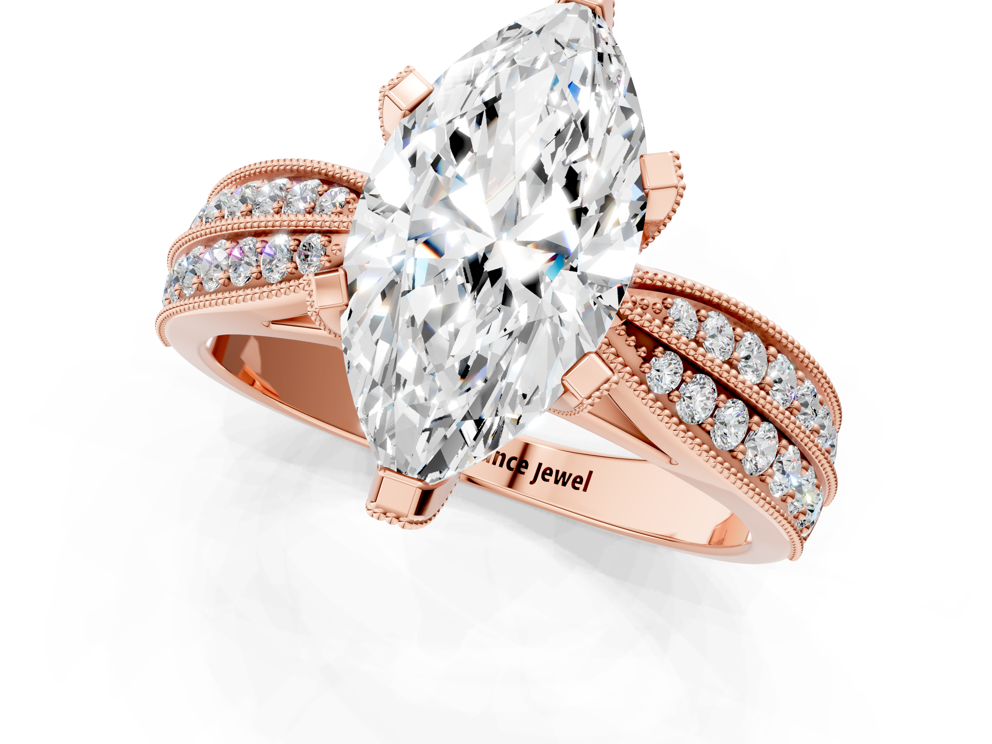 Rose gold Marquise Cut Moissanite   Solitaire Diamond Ring with Milgrain Pavé Band and Four-Prong Setting_35