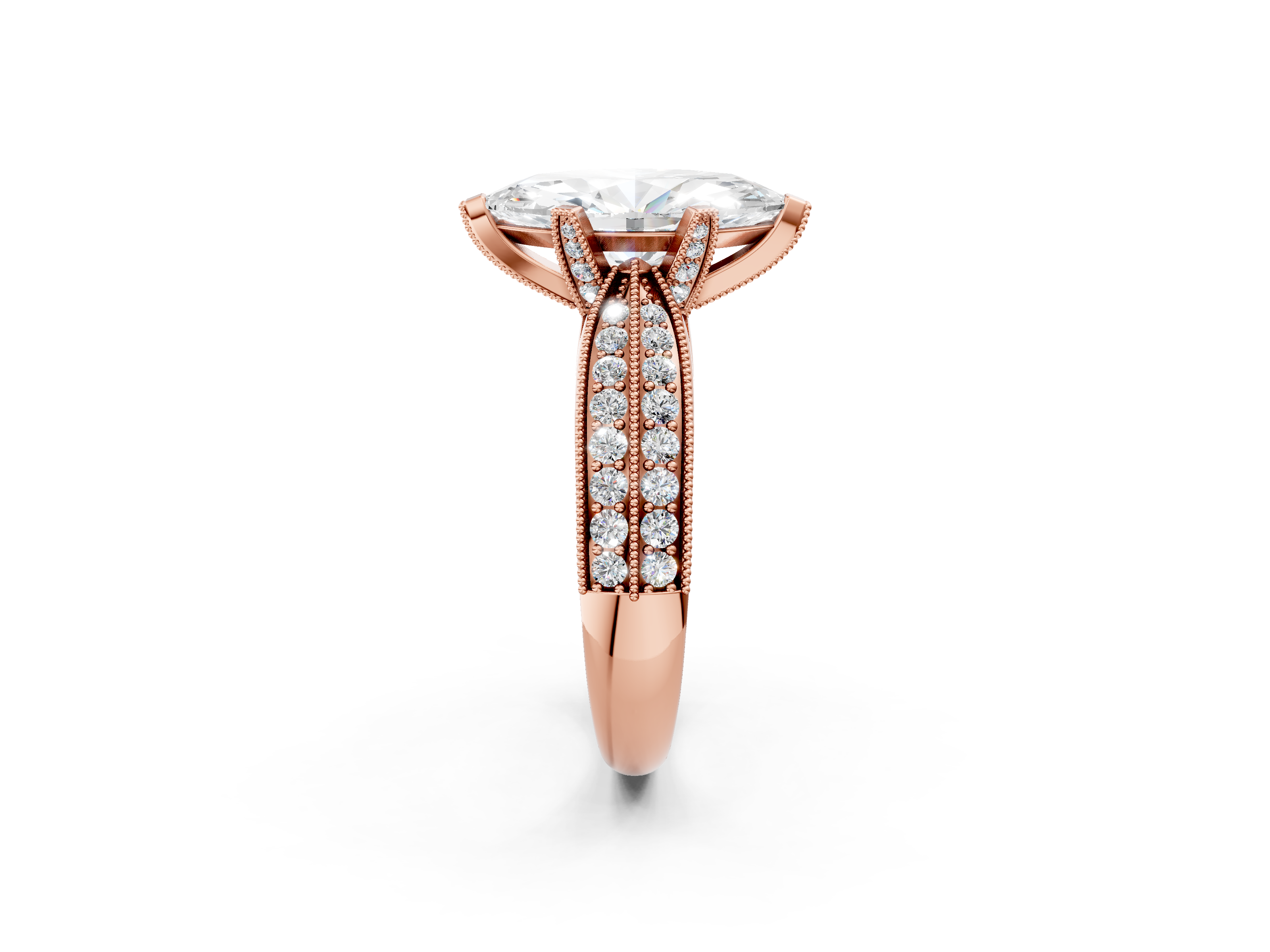 Rose gold Marquise Cut Moissanite   Solitaire Diamond Ring with Milgrain Pavé Band and Four-Prong Setting_36