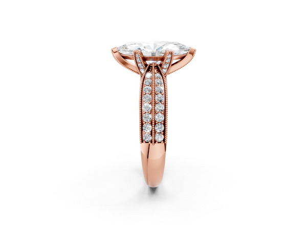 Rose gold Marquise Cut Moissanite   Solitaire Diamond Ring with Milgrain Pavé Band and Four-Prong Setting
