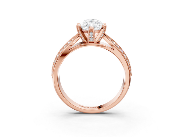 Rose gold Marquise Cut Moissanite   Solitaire Diamond Ring with Milgrain Pavé Band and Four-Prong Setting