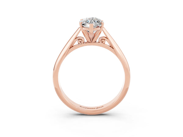 Rose gold Marquise Cut Moissanite Solitaire Engagement Ring with Cathedral Setting and Four-Prong Mount