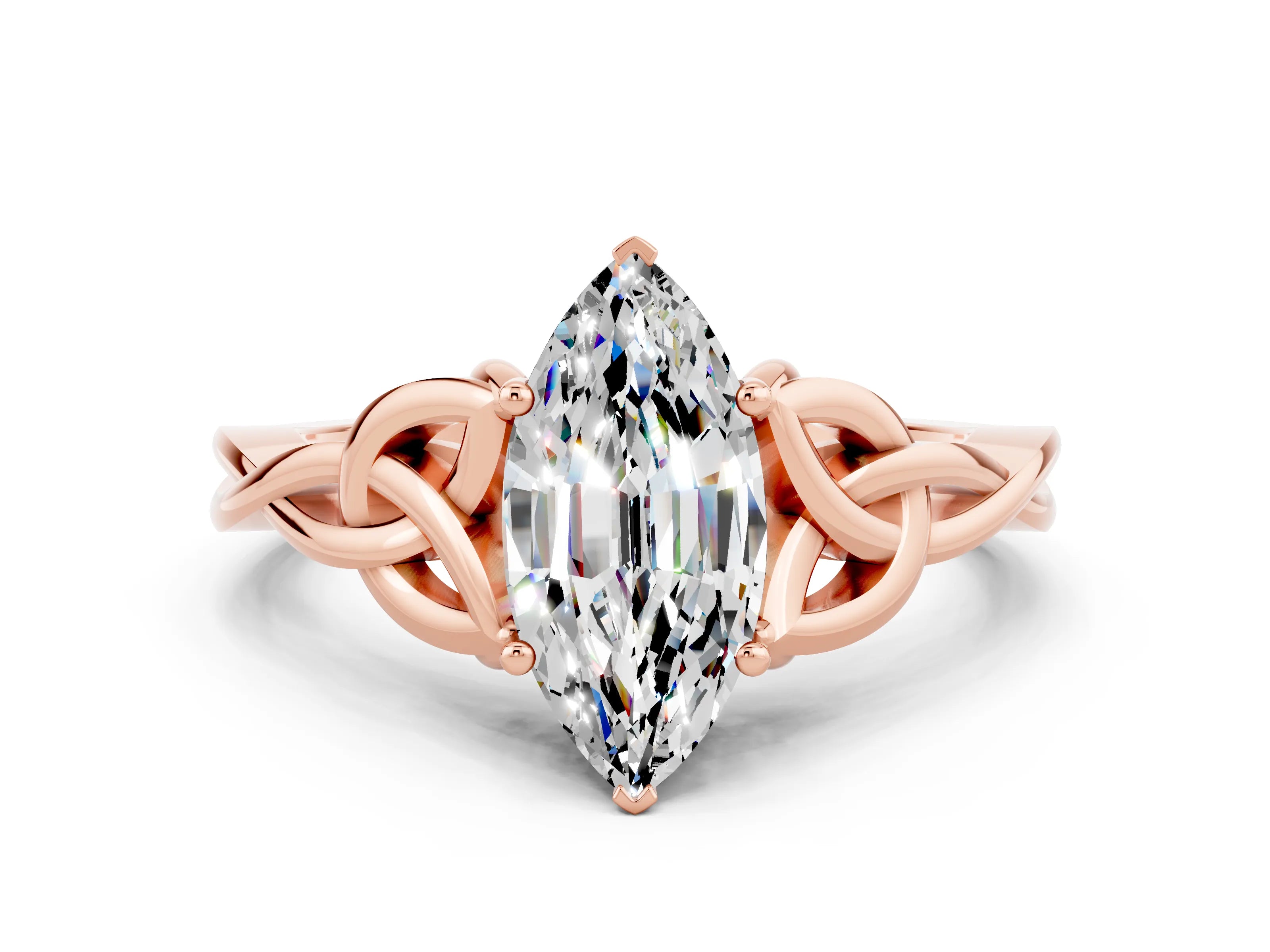 Rose gold Marquise Cut Moissanite Solitaire Engagement Ring with Celtic Knot Band and Four-Prong Setting