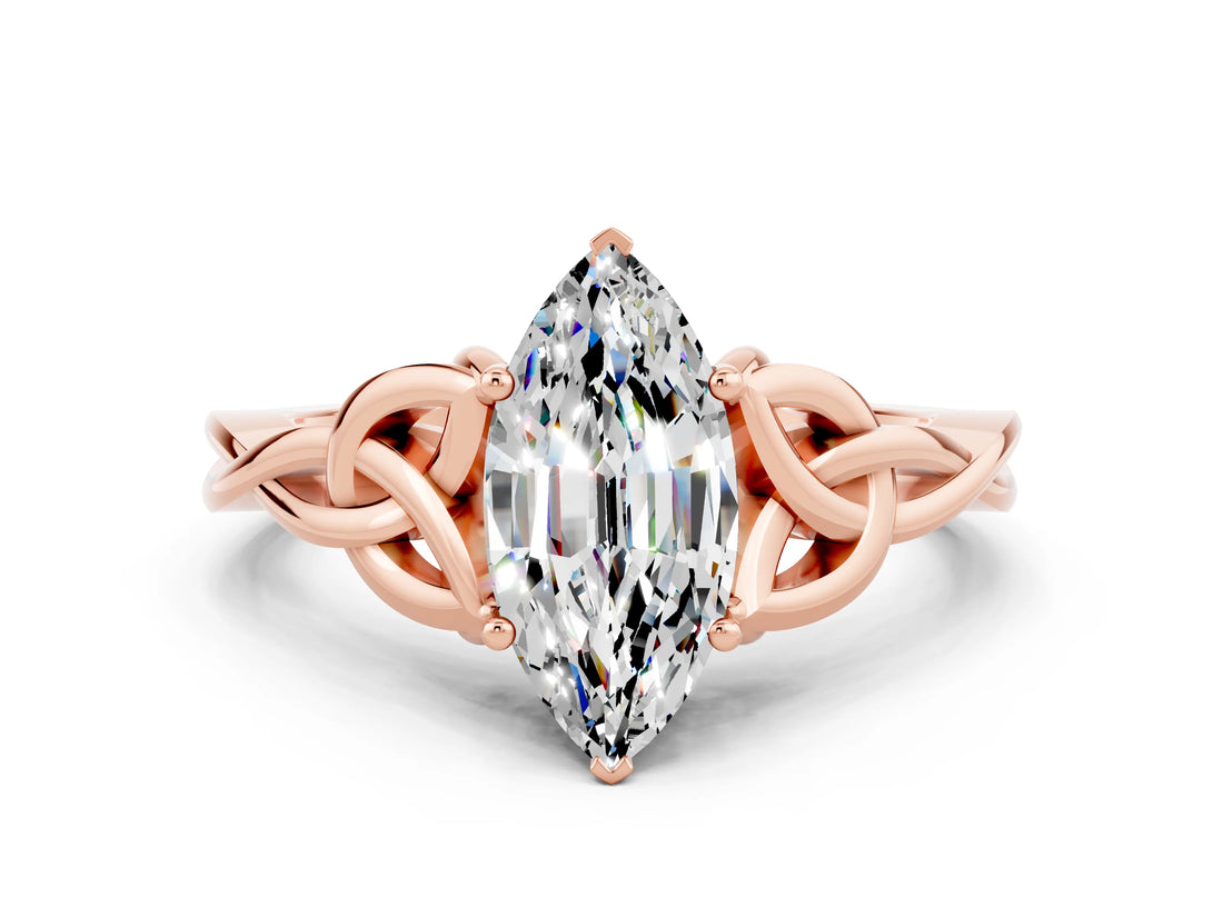 Rose gold Marquise Cut Moissanite Solitaire Engagement Ring with Celtic Knot Band and Four-Prong Setting