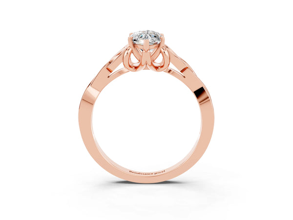 Rose gold Marquise Cut Moissanite Solitaire Engagement Ring with Celtic Knot Band and Four-Prong Setting